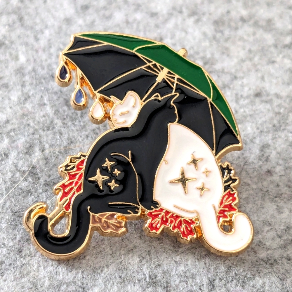 Spring Rain Cat Couple under an Umbrella Pin Enamel Lapel Brooch